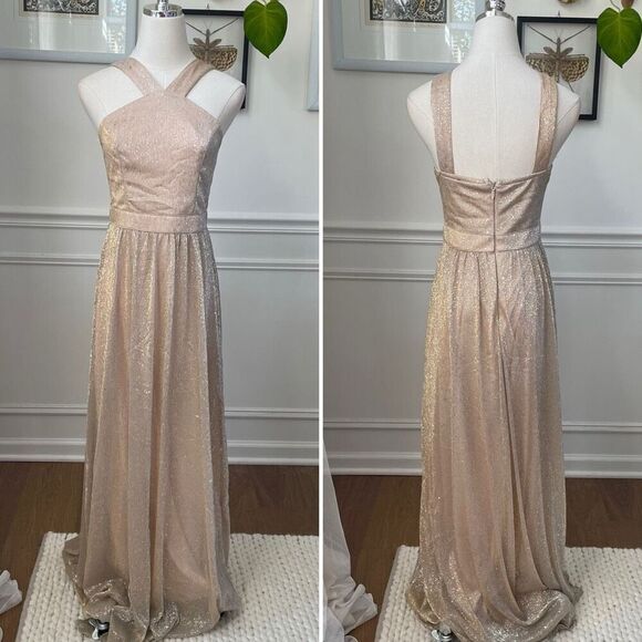Lulus Metallic Gold Halter Grecian Neck Flowing Chiffon Formal Gown Dress S - Picture 1 of 7